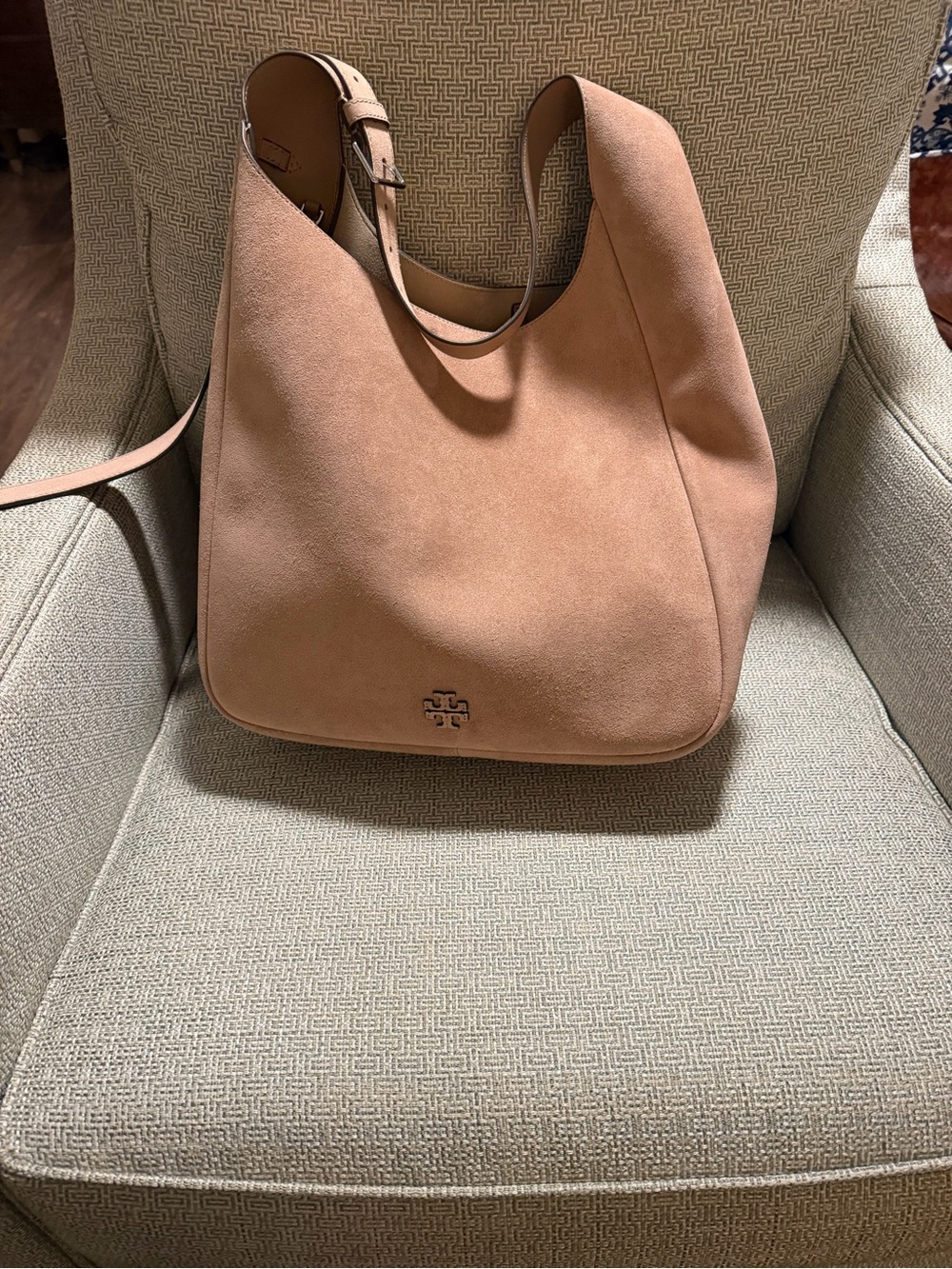 Tory Burch Suede Shoulder Hobo in Dusty Pink